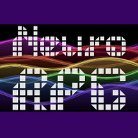 NeuroRPG Logo, purple background with digital white text in front with Neuro at the top and RPG at the bottom, and colored horizontal wavy lines like a rainbow behind representing brainwaves